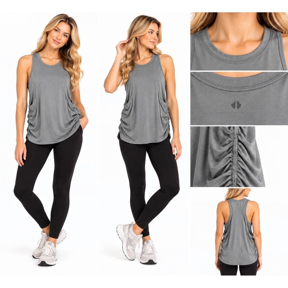 Thrive Societe S Tank Top Gray Ruched Side Racerback Activewear Yoga Athleisure